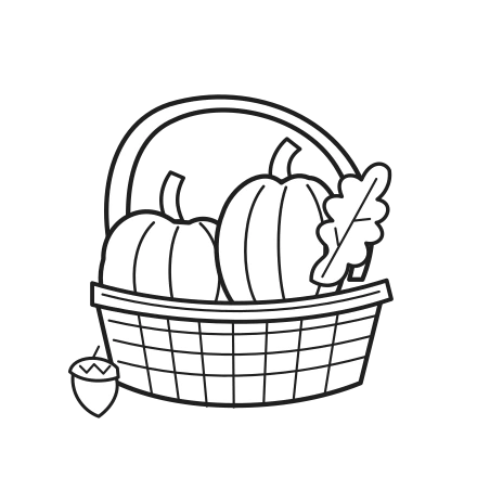 Black outline of a round pumpkin and a tall pumpkin in a woven harvest basket with an oak leaf and acorn.