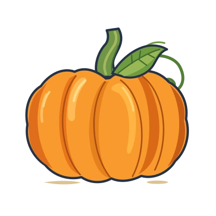 Round orange pumpkin with a curved stem, green leaf and curling vine.
