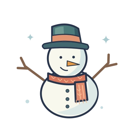 Two-ball snowman with a teal hat, coral scarf, carrot nose and twig arms.