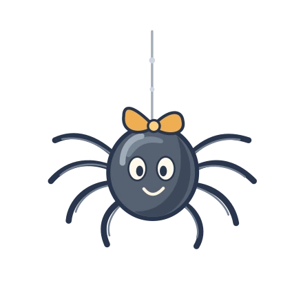 Smiling charcoal spider with eight curved legs, an ochre bow and a silken thread.
