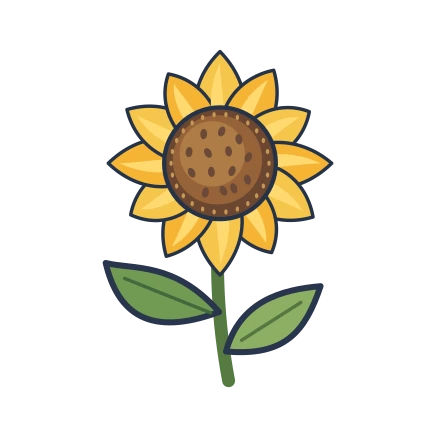 Golden sunflower with a brown seed center, long green stem and two pointed leaves.