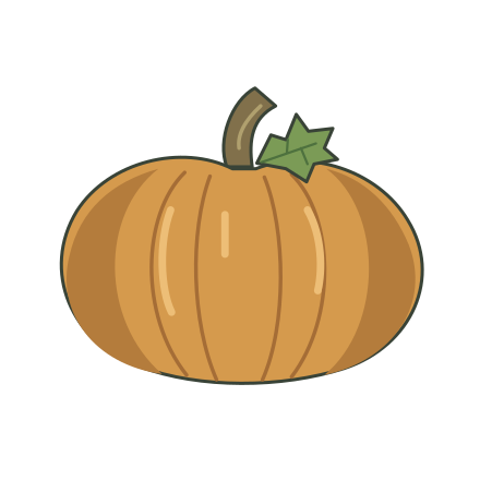 Wide flattened ochre pumpkin with deep vertical ribs, a woody bent stem and one green leaf.