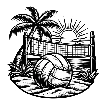 A black-and-white volleyball rests in sand in front of a beach net, palm trees and a low sun.