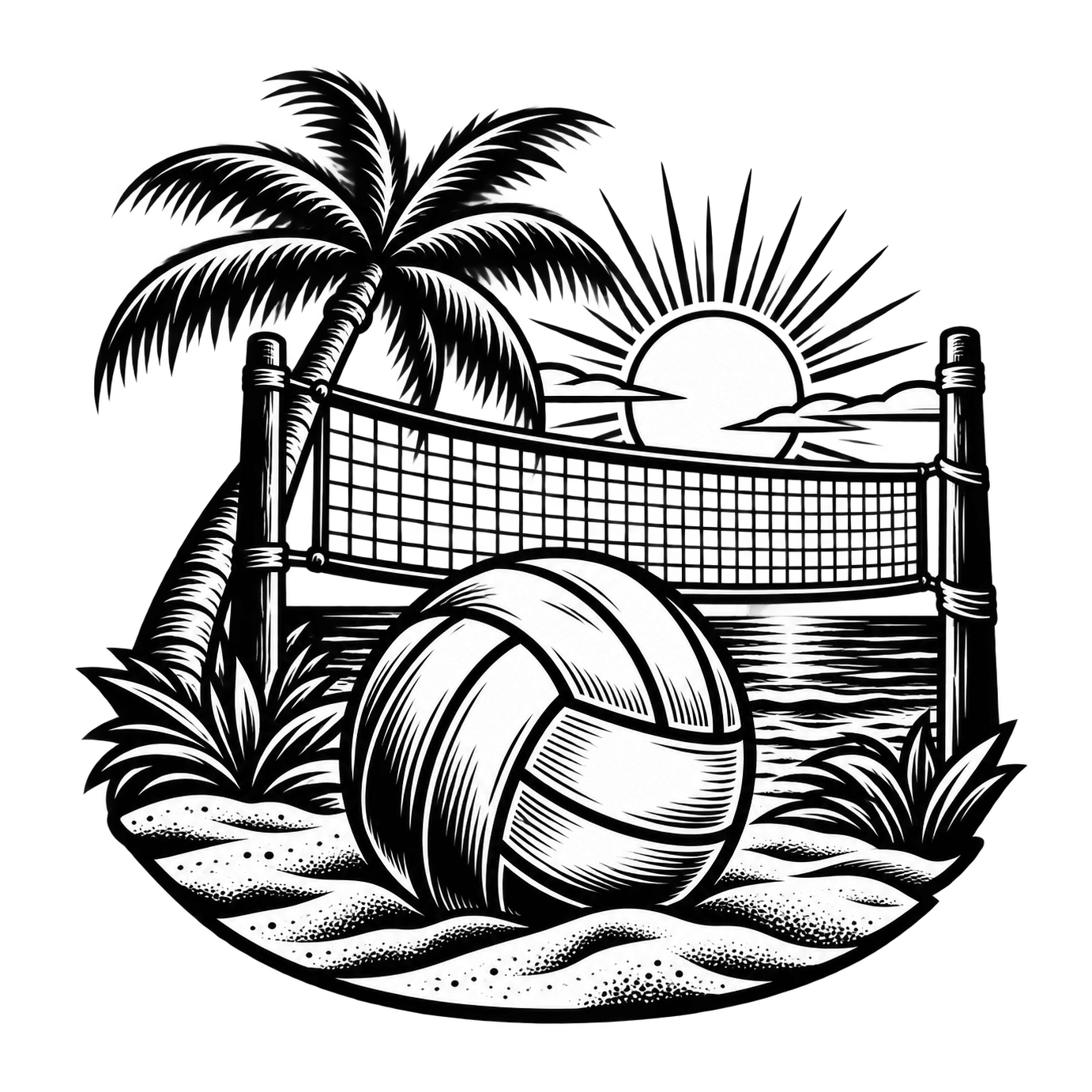 A black-and-white volleyball rests in sand in front of a beach net, palm trees and a low sun.