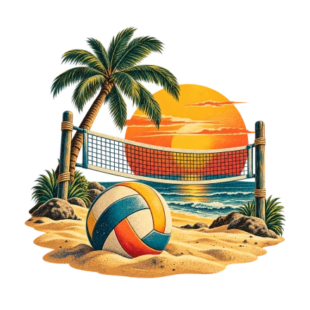 A striped volleyball sits on sand below a net and palm trees, with a large orange sun over the ocean.