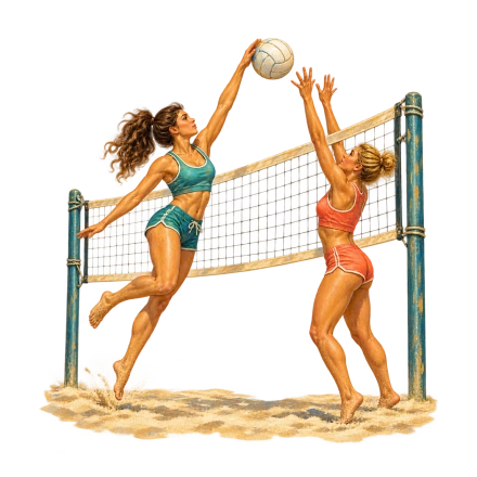 Two women jump on opposite sides of a beach volleyball net, one reaching toward the ball as the other raises both hands.