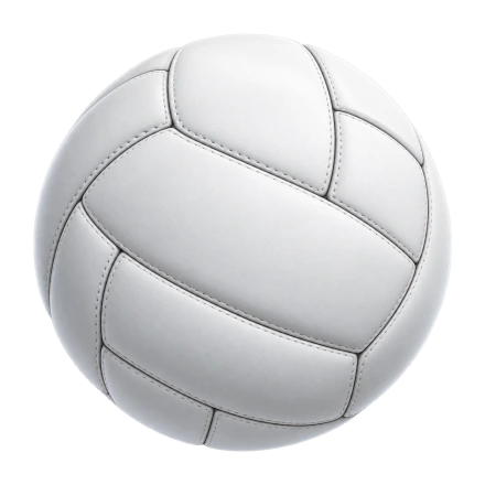 A realistic white volleyball with curved stitched panels and soft gray shading on a transparent background.