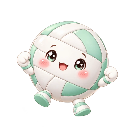 A round white-and-mint volleyball character smiles with rosy cheeks, little gloves and matching shoes.