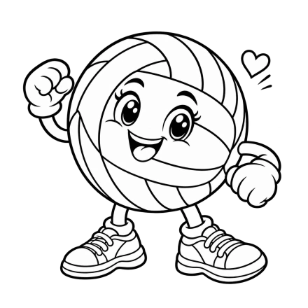 A black-and-white smiling volleyball character raises a gloved fist, with sneakers below and a small heart beside its face.