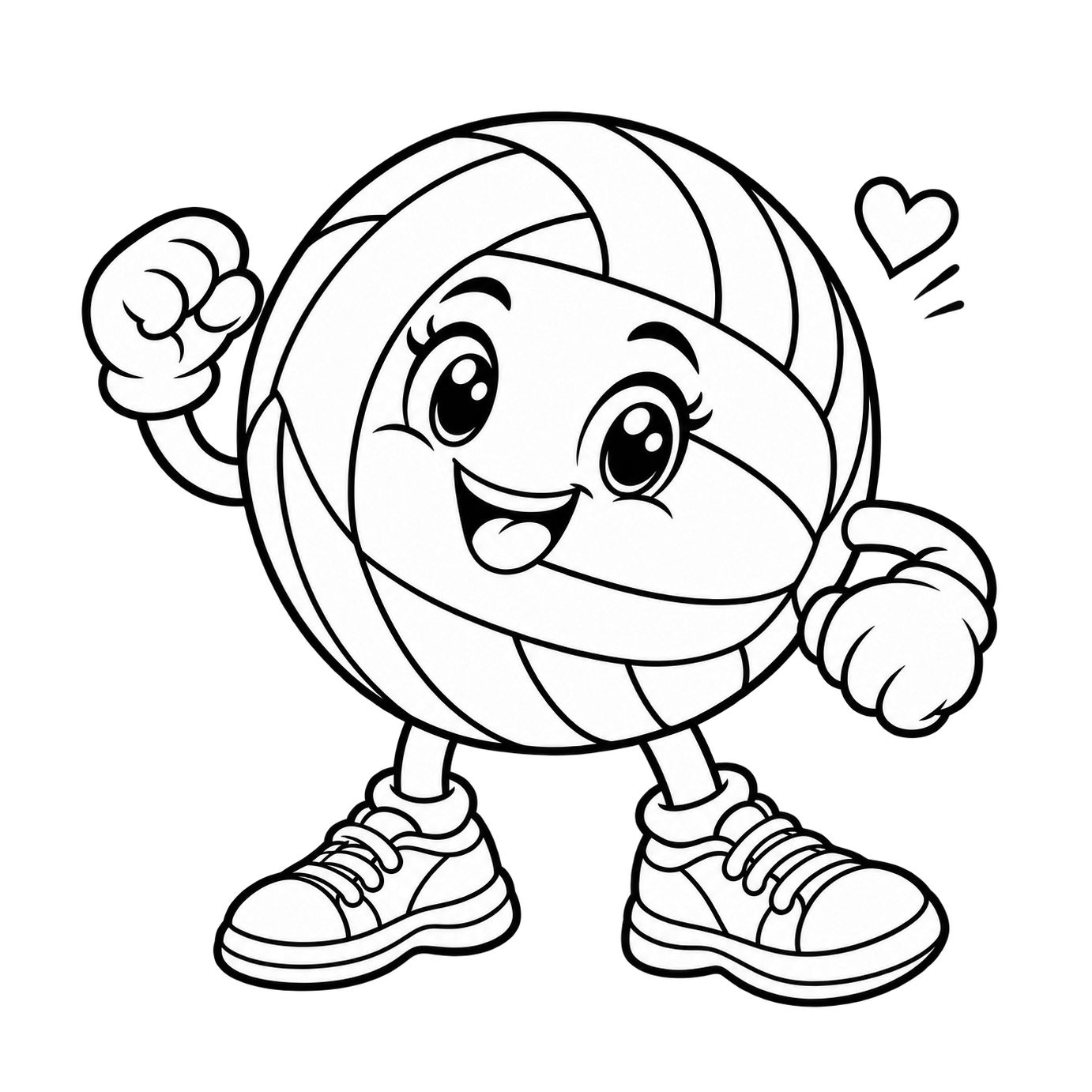 A black-and-white smiling volleyball character raises a gloved fist, with sneakers below and a small heart beside its face.