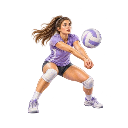 A woman wearing a lavender volleyball uniform and knee pads crouches with her forearms together beside a purple-and-white ball.