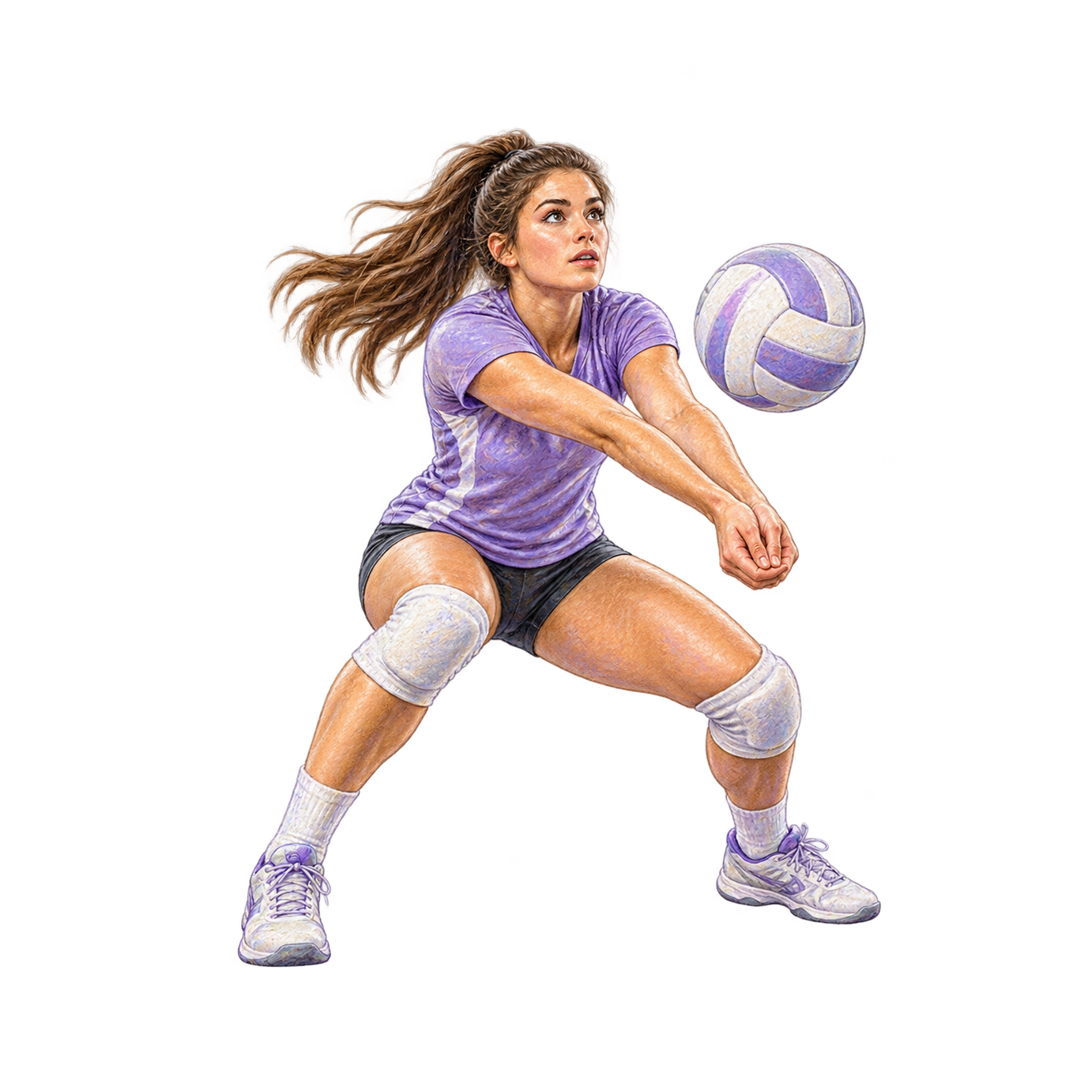 A woman wearing a lavender volleyball uniform and knee pads crouches with her forearms together beside a purple-and-white ball.