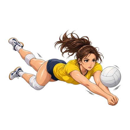 A female volleyball player in a yellow jersey and navy shorts stretches forward in a low dive toward a white ball.