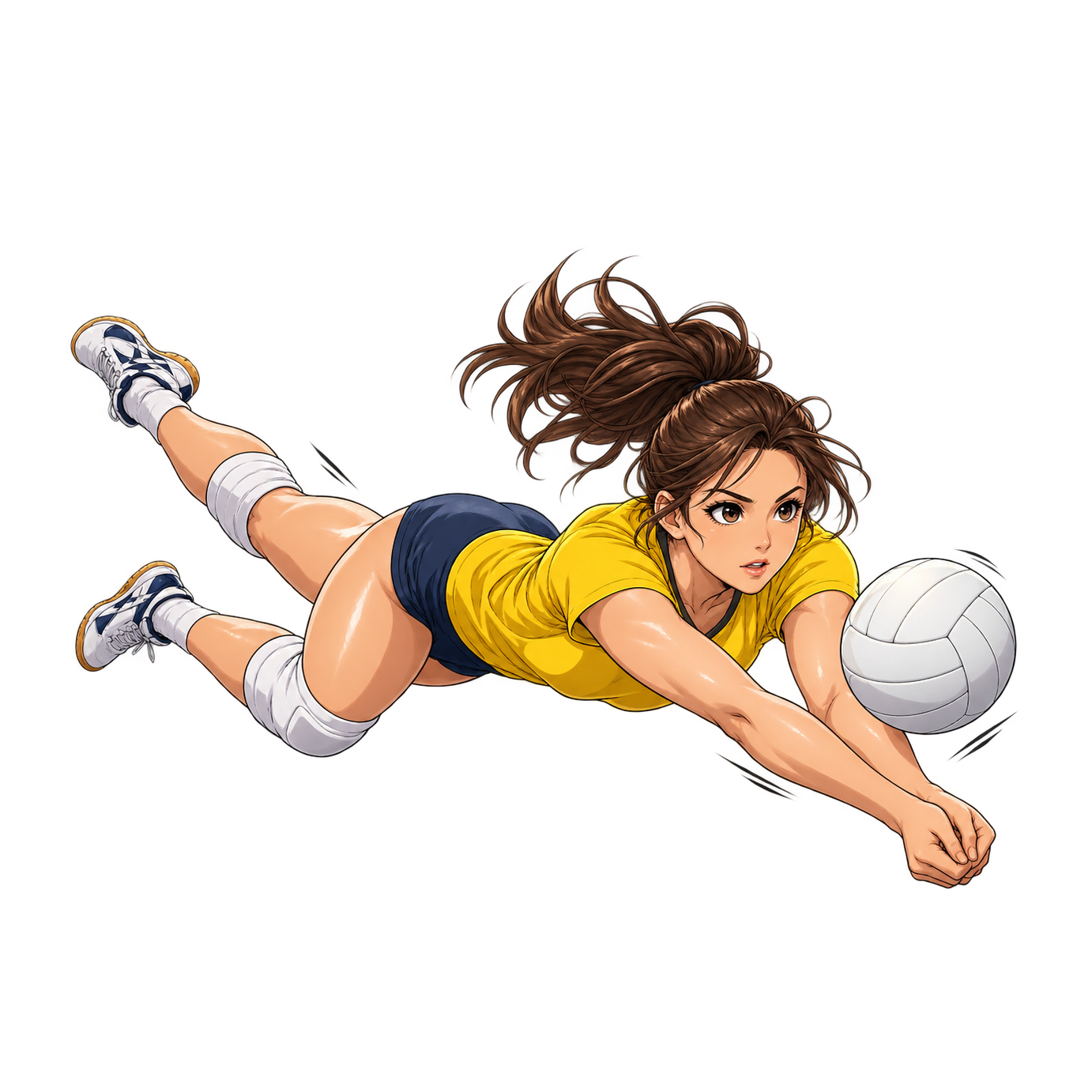 A female volleyball player in a yellow jersey and navy shorts stretches forward in a low dive toward a white ball.