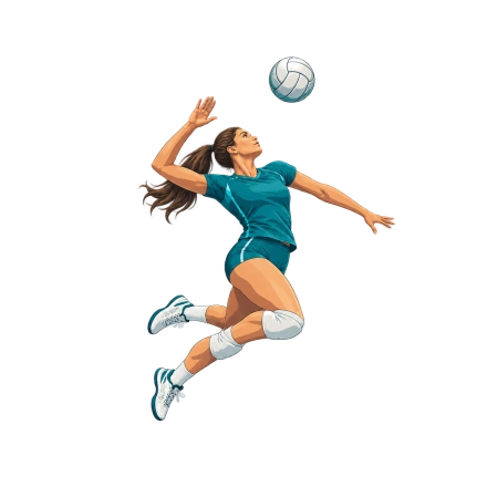 A woman in a teal uniform jumps with one arm drawn back and a pale volleyball above her outstretched side.
