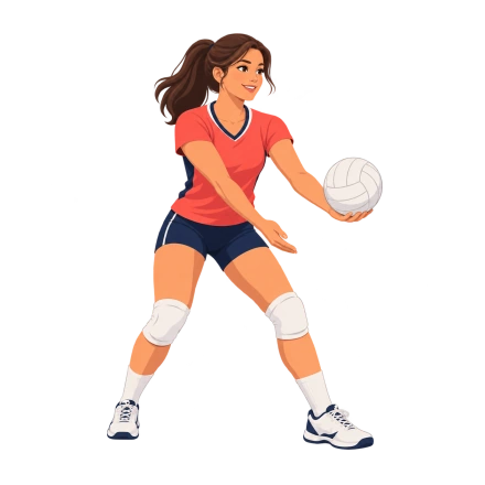 A woman in a coral shirt, navy shorts and white knee pads holds a volleyball ahead of her lowered serving hand.