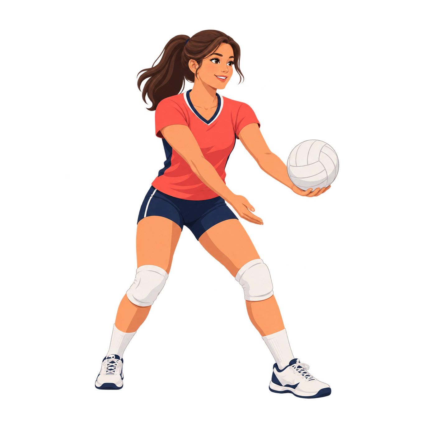 A woman in a coral shirt, navy shorts and white knee pads holds a volleyball ahead of her lowered serving hand.