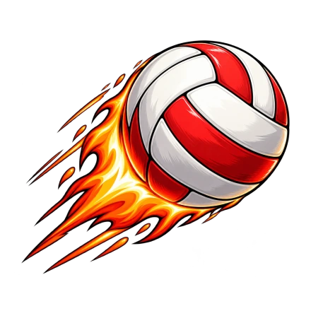 A red-and-white volleyball flies diagonally with a long orange-and-yellow flame trail and black comic outlines.