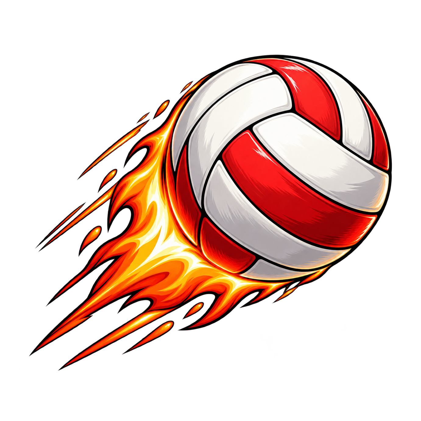 A red-and-white volleyball flies diagonally with a long orange-and-yellow flame trail and black comic outlines.