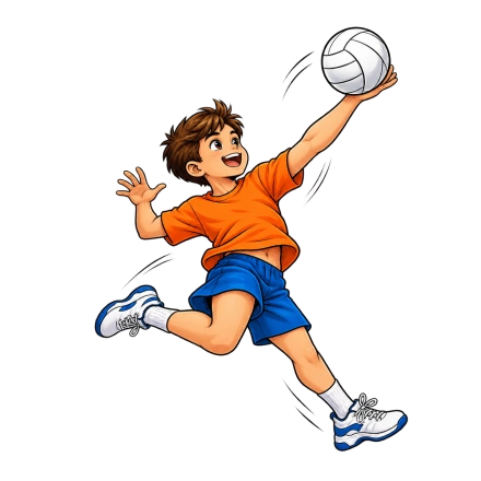 A smiling boy in an orange shirt and blue shorts jumps with one arm extended toward a white volleyball.