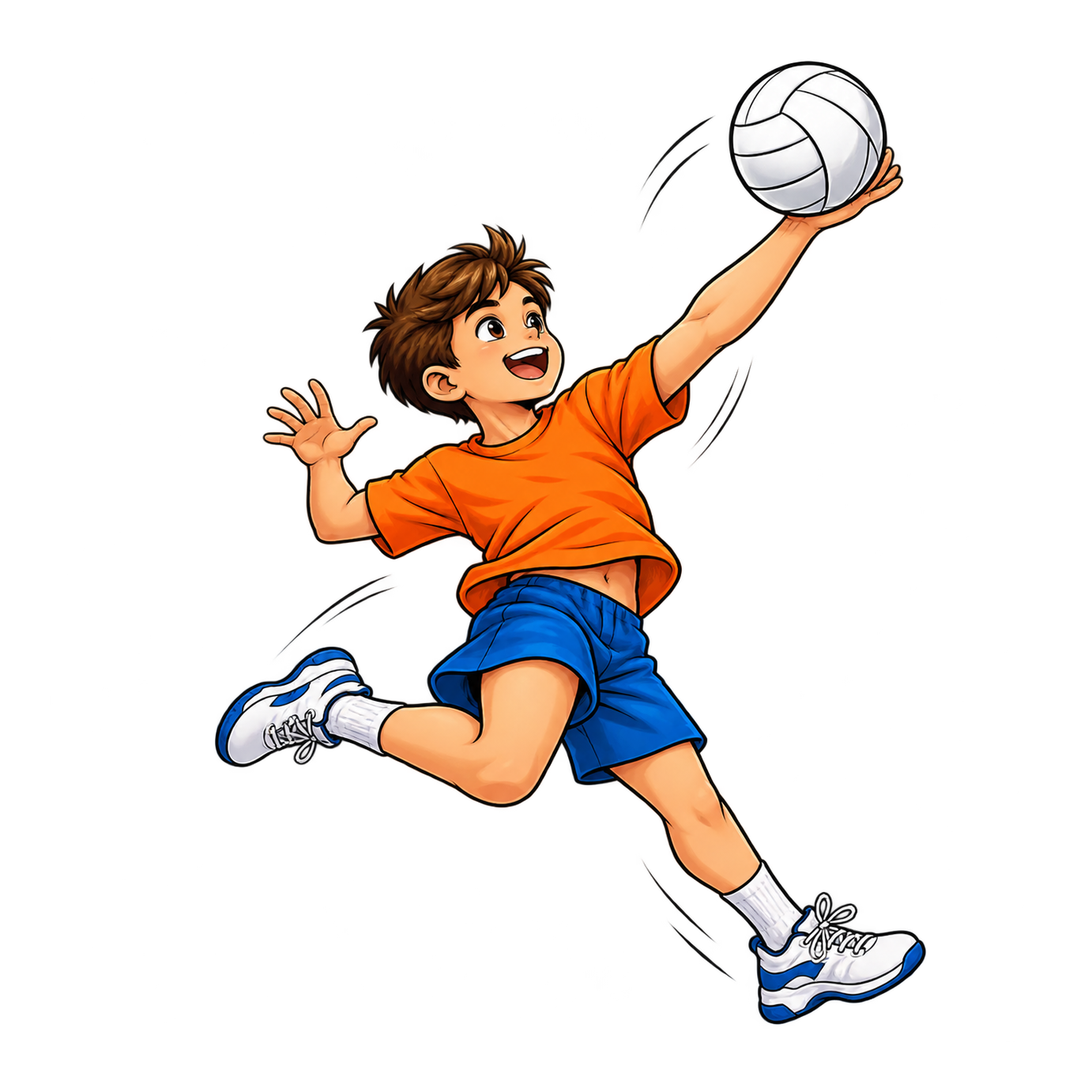 A smiling boy in an orange shirt and blue shorts jumps with one arm extended toward a white volleyball.