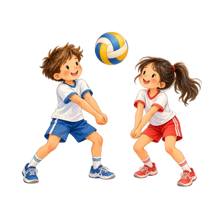 A boy in blue and a girl in red face a blue-and-yellow volleyball with their arms ready to pass it.