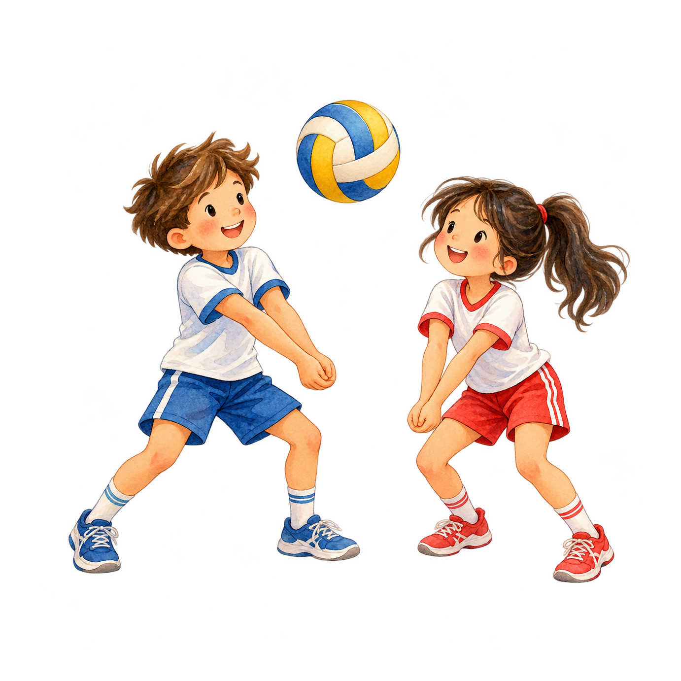 A boy in blue and a girl in red face a blue-and-yellow volleyball with their arms ready to pass it.
