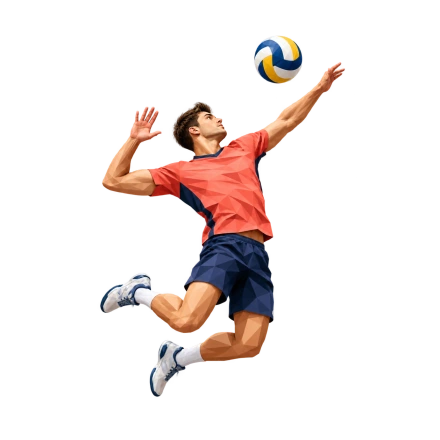 A man in a coral jersey and navy shorts jumps with a blue-and-yellow volleyball above his extended hand, drawn with angular shaded shapes.
