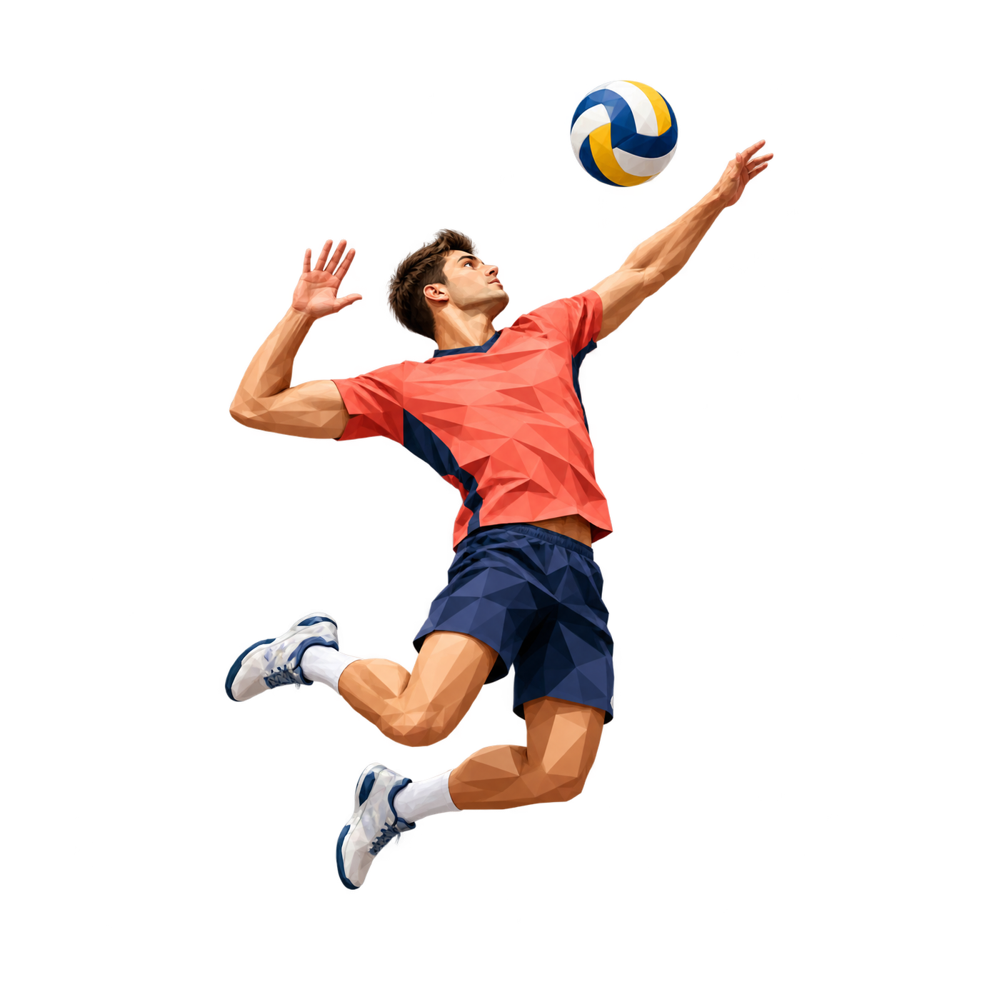 A man in a coral jersey and navy shorts jumps with a blue-and-yellow volleyball above his extended hand, drawn with angular shaded shapes.