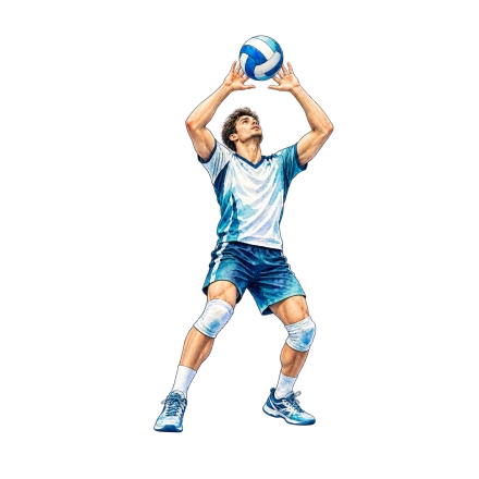A male player in a blue-and-white uniform looks upward with both hands raised beneath a blue volleyball.