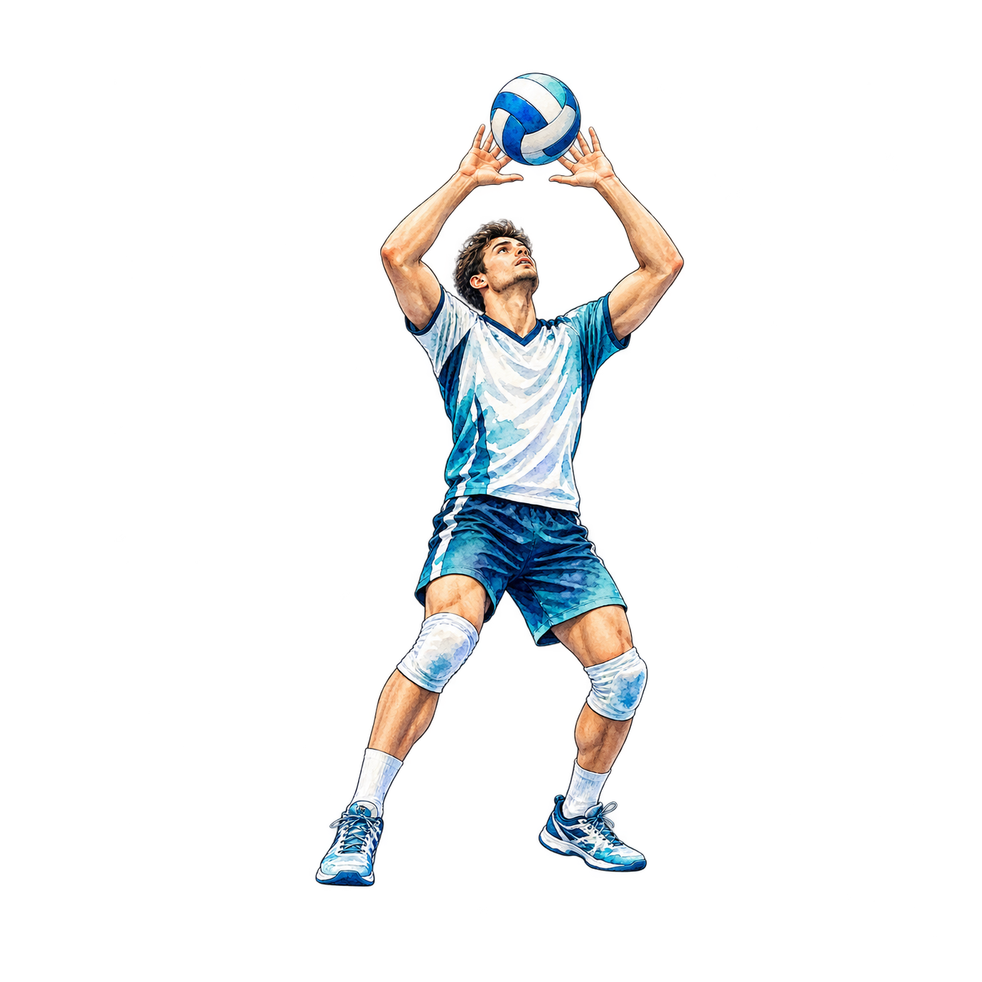 A male player in a blue-and-white uniform looks upward with both hands raised beneath a blue volleyball.