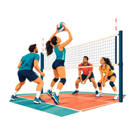 Four volleyball players in teal, orange and yellow gather on a small court around a net during a rally.