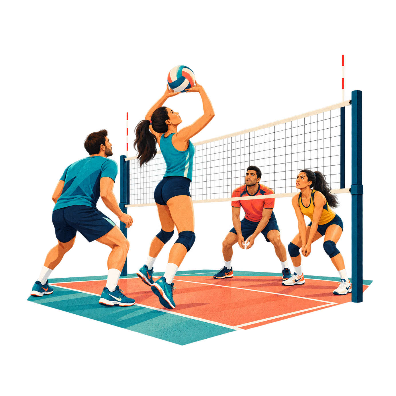 Four volleyball players in teal, orange and yellow gather on a small court around a net during a rally.