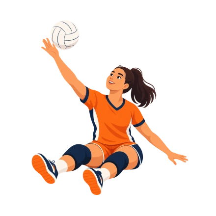 A seated woman in an orange sports kit reaches one hand toward a white volleyball while extending her other arm for balance.