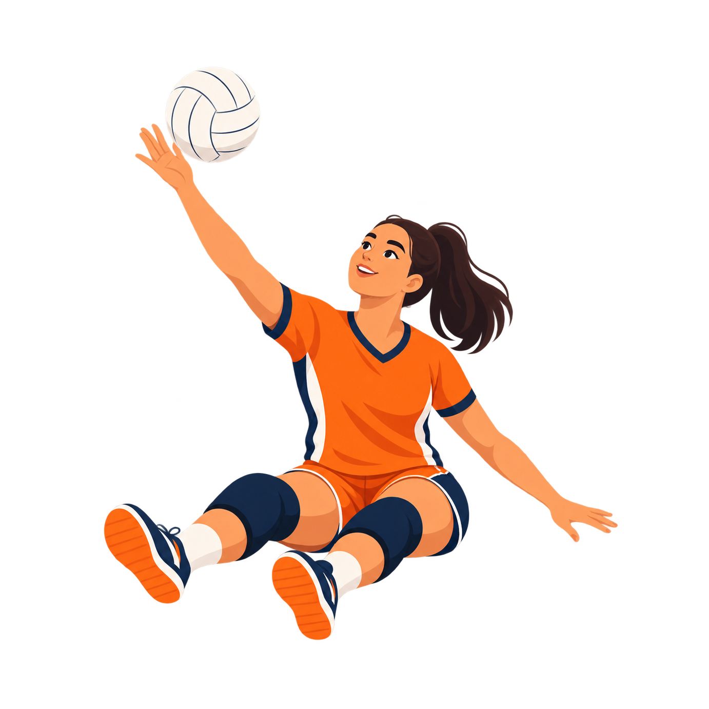 A seated woman in an orange sports kit reaches one hand toward a white volleyball while extending her other arm for balance.