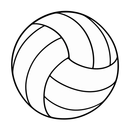 A round volleyball drawn with a clean black outer contour and sweeping curved panel lines on a transparent background.