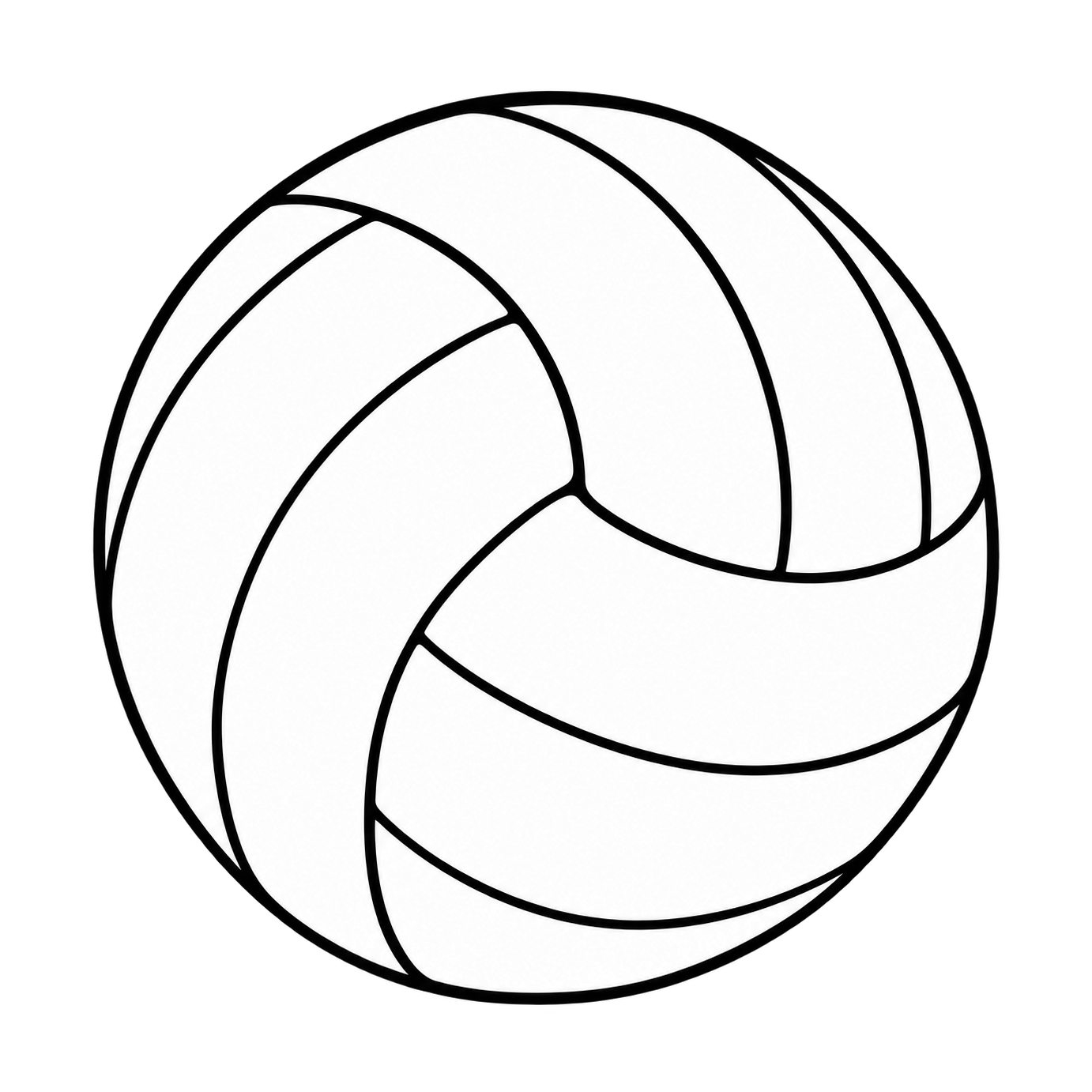 A round volleyball drawn with a clean black outer contour and sweeping curved panel lines on a transparent background.