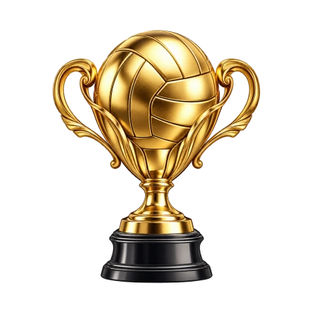 A polished gold trophy with curved handles holds a volleyball above a stepped black base.