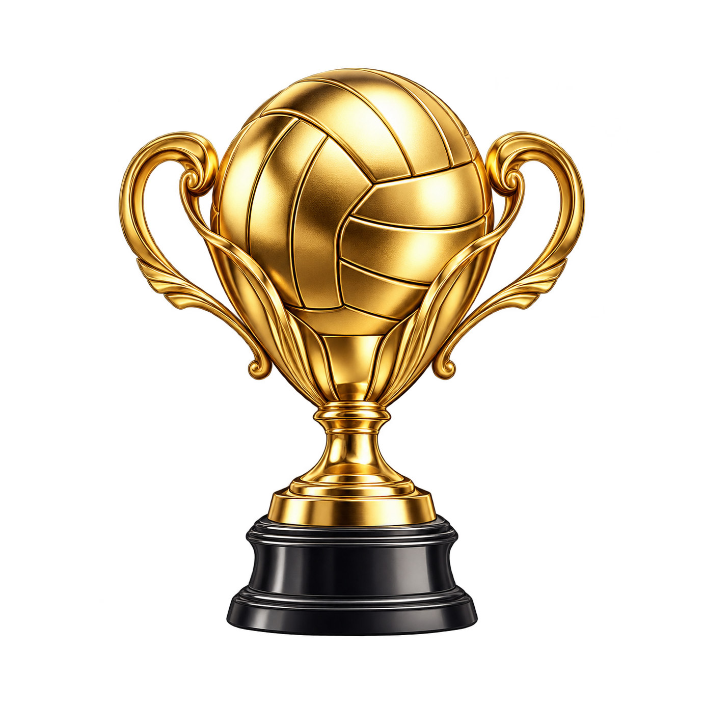 A polished gold trophy with curved handles holds a volleyball above a stepped black base.