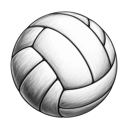 A black-and-white volleyball shaded with loose charcoal-style strokes and dark curved panel seams.