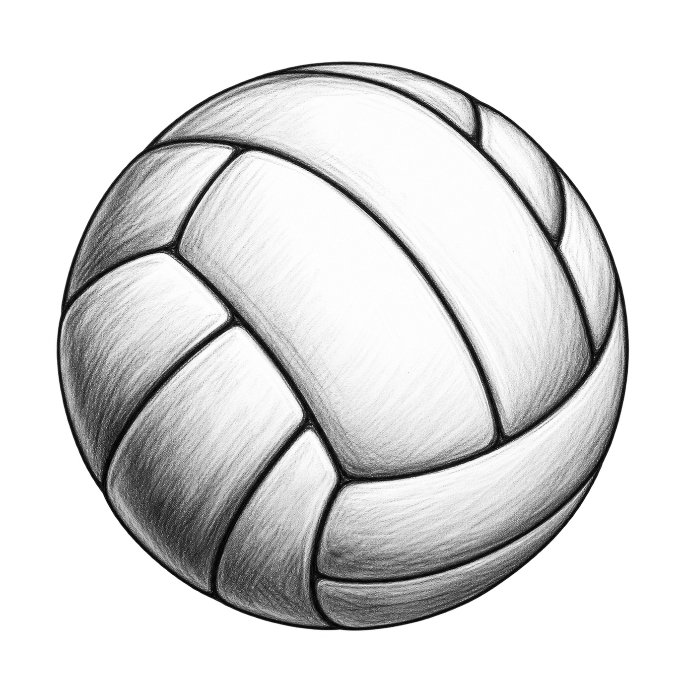 A black-and-white volleyball shaded with loose charcoal-style strokes and dark curved panel seams.
