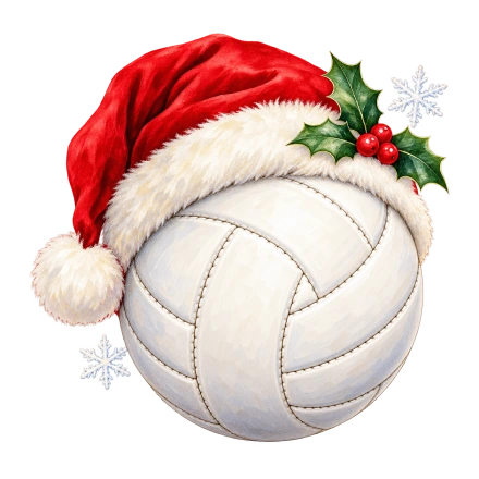 A white volleyball wears a red Santa hat decorated with holly berries, with pale snowflakes around it.