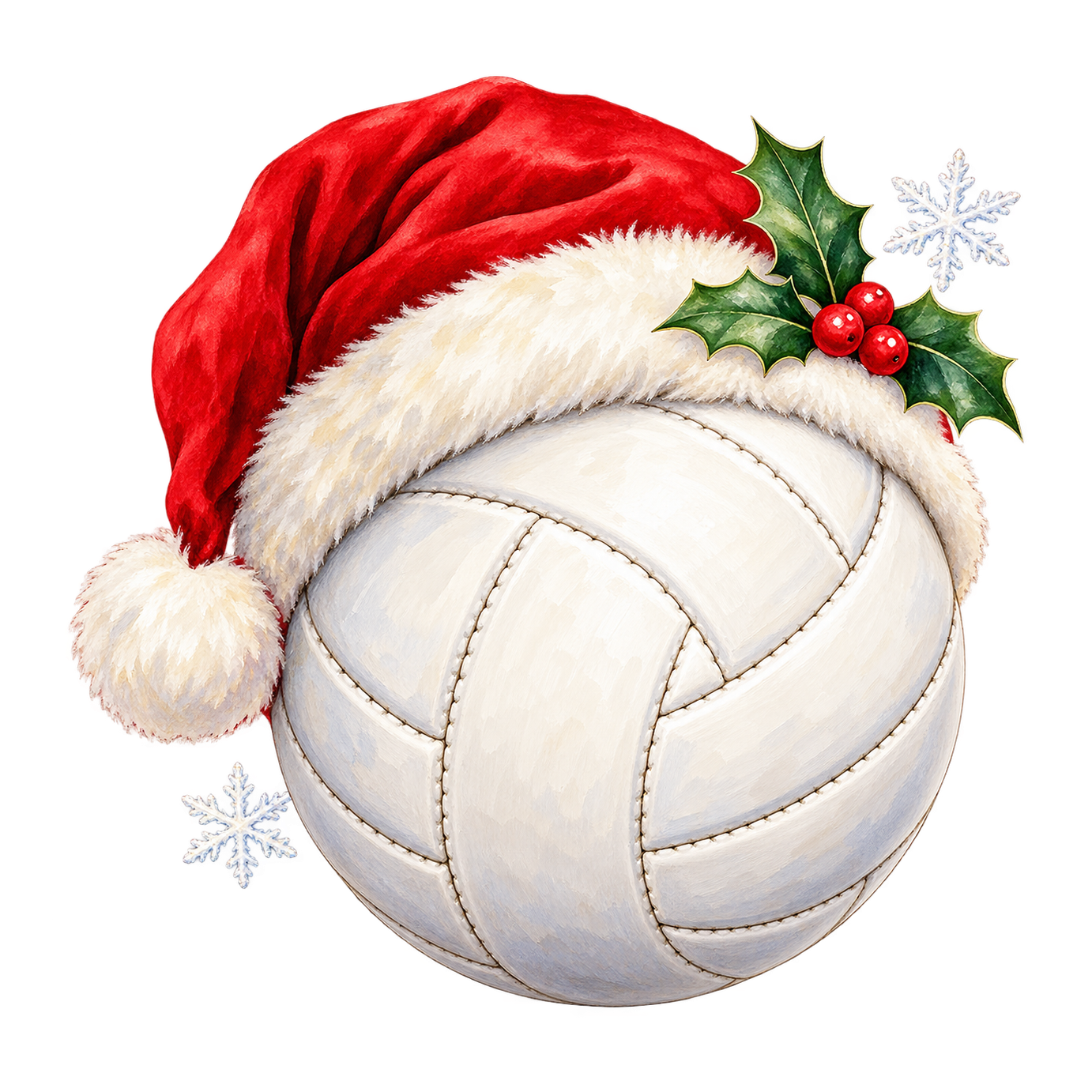 A white volleyball wears a red Santa hat decorated with holly berries, with pale snowflakes around it.