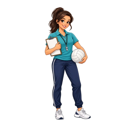 A smiling coach in a teal polo and navy trousers holds a clipboard and a white volleyball, with a whistle at her neck.