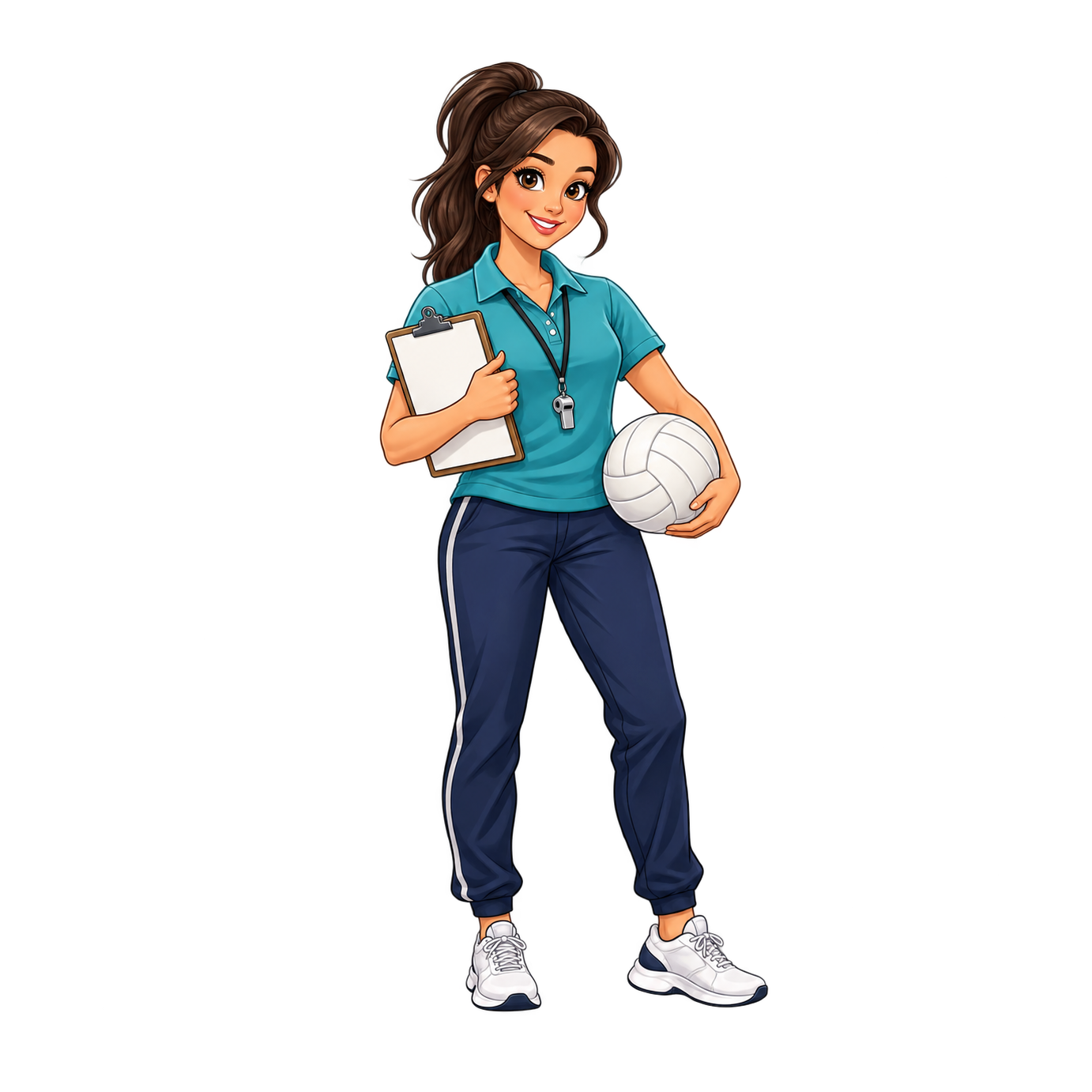 A smiling coach in a teal polo and navy trousers holds a clipboard and a white volleyball, with a whistle at her neck.