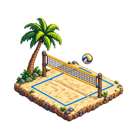 An isometric sandy volleyball court has blue boundary lines, a yellow-edged net, a palm tree and a small ball above it.
