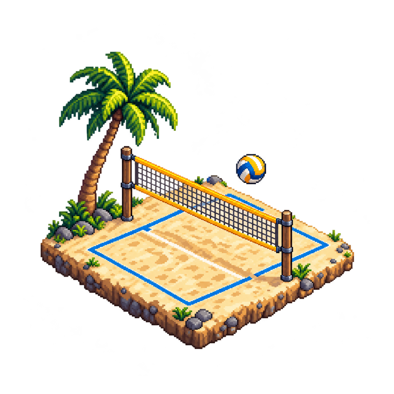 An isometric sandy volleyball court has blue boundary lines, a yellow-edged net, a palm tree and a small ball above it.