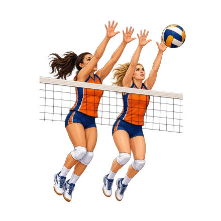 Two women in orange-and-navy uniforms jump together at a net with their hands extended toward a blue-and-yellow volleyball.