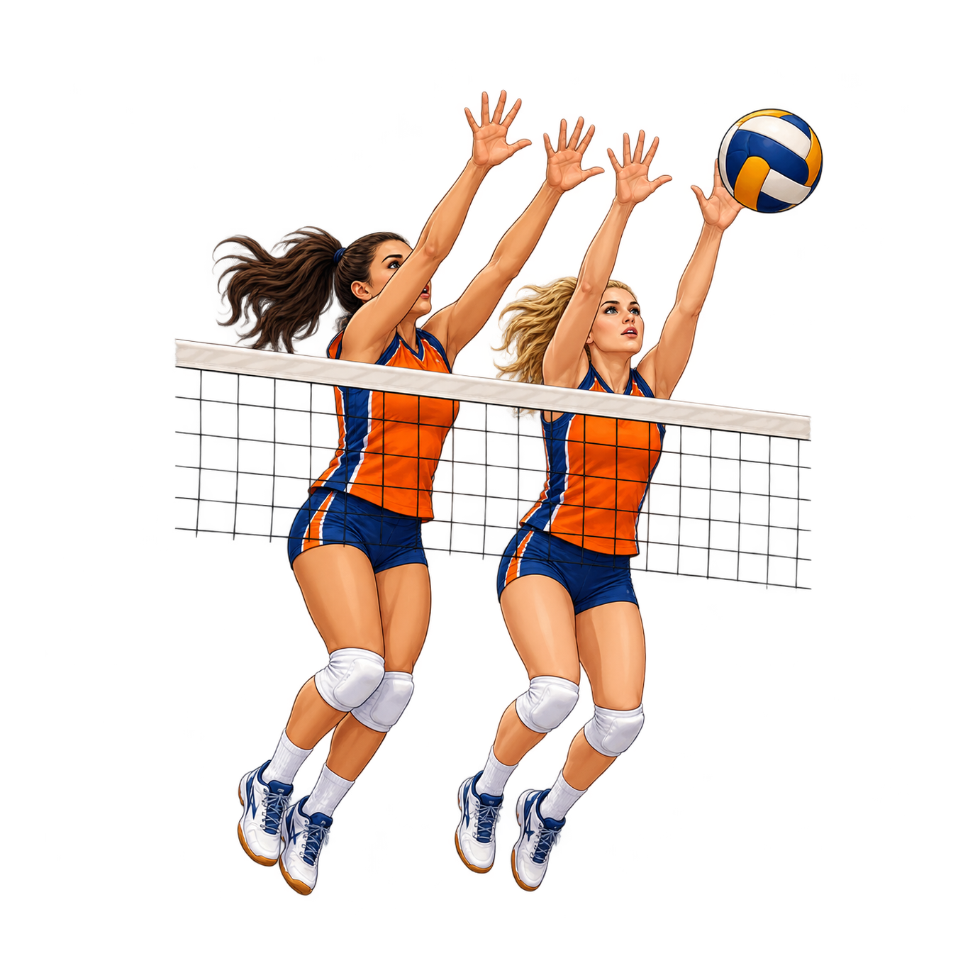 Two women in orange-and-navy uniforms jump together at a net with their hands extended toward a blue-and-yellow volleyball.