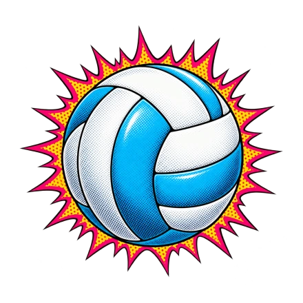 A blue-and-white volleyball sits in front of a jagged pink-and-yellow burst with dotted comic-book shading.